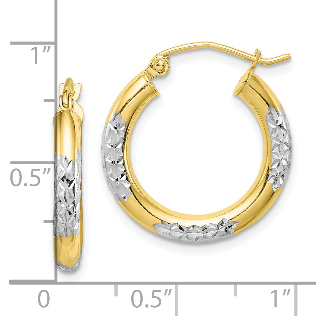 10K Yellow W/Rhodium & Rhodium Diamond Cut 3mm Hoop Earrings