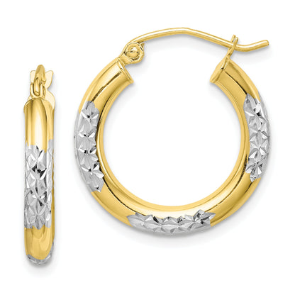 10K Yellow W/Rhodium & Rhodium Diamond Cut 3mm Hoop Earrings