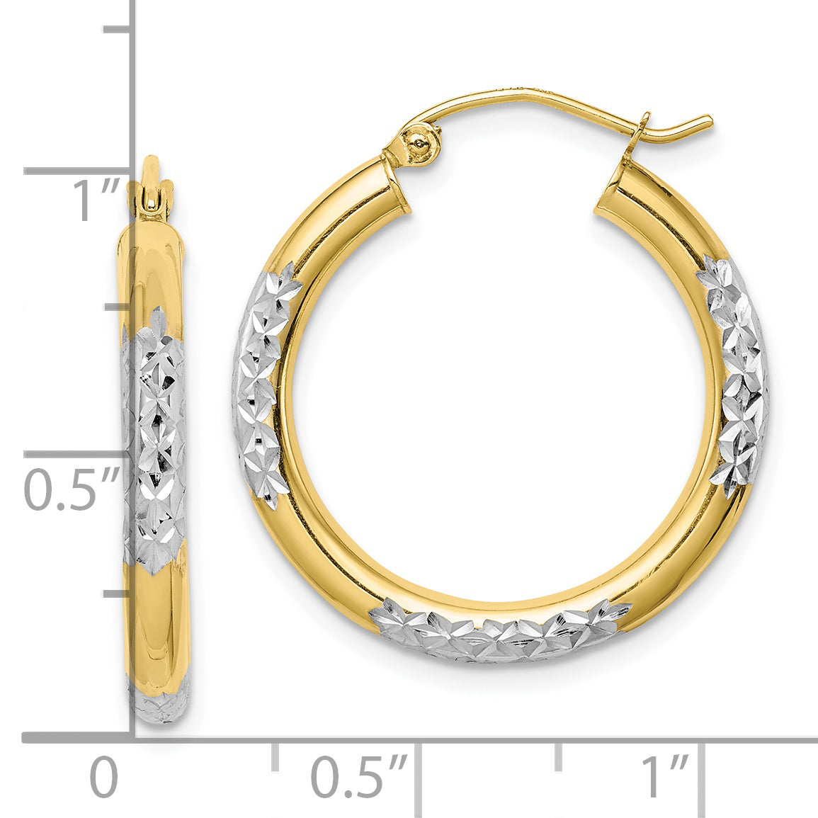 10K Yellow W/Rhodium & Rhodium Diamond Cut 3mm Hoop Earrings