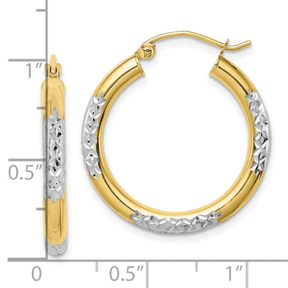 10K Yellow W/Rhodium & Rhodium Diamond Cut 3mm Hoop Earrings