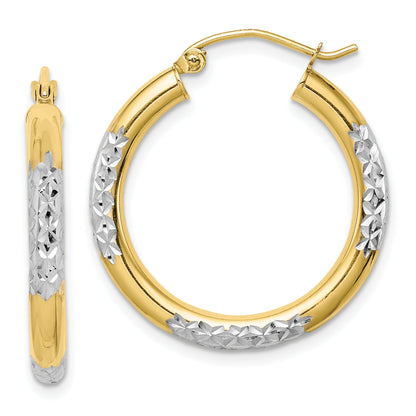10K Yellow W/Rhodium & Rhodium Diamond Cut 3mm Hoop Earrings