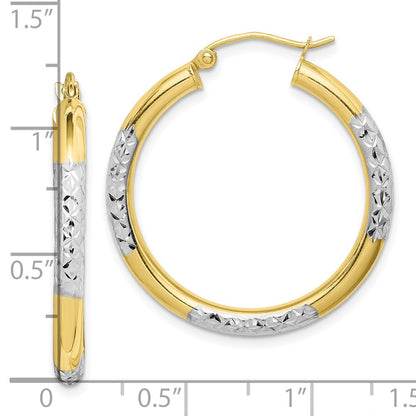10K Yellow W/Rhodium & Rhodium Diamond Cut 3mm Hoop Earrings