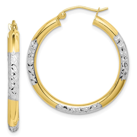 10K Yellow W/Rhodium & Rhodium Diamond Cut 3mm Hoop Earrings