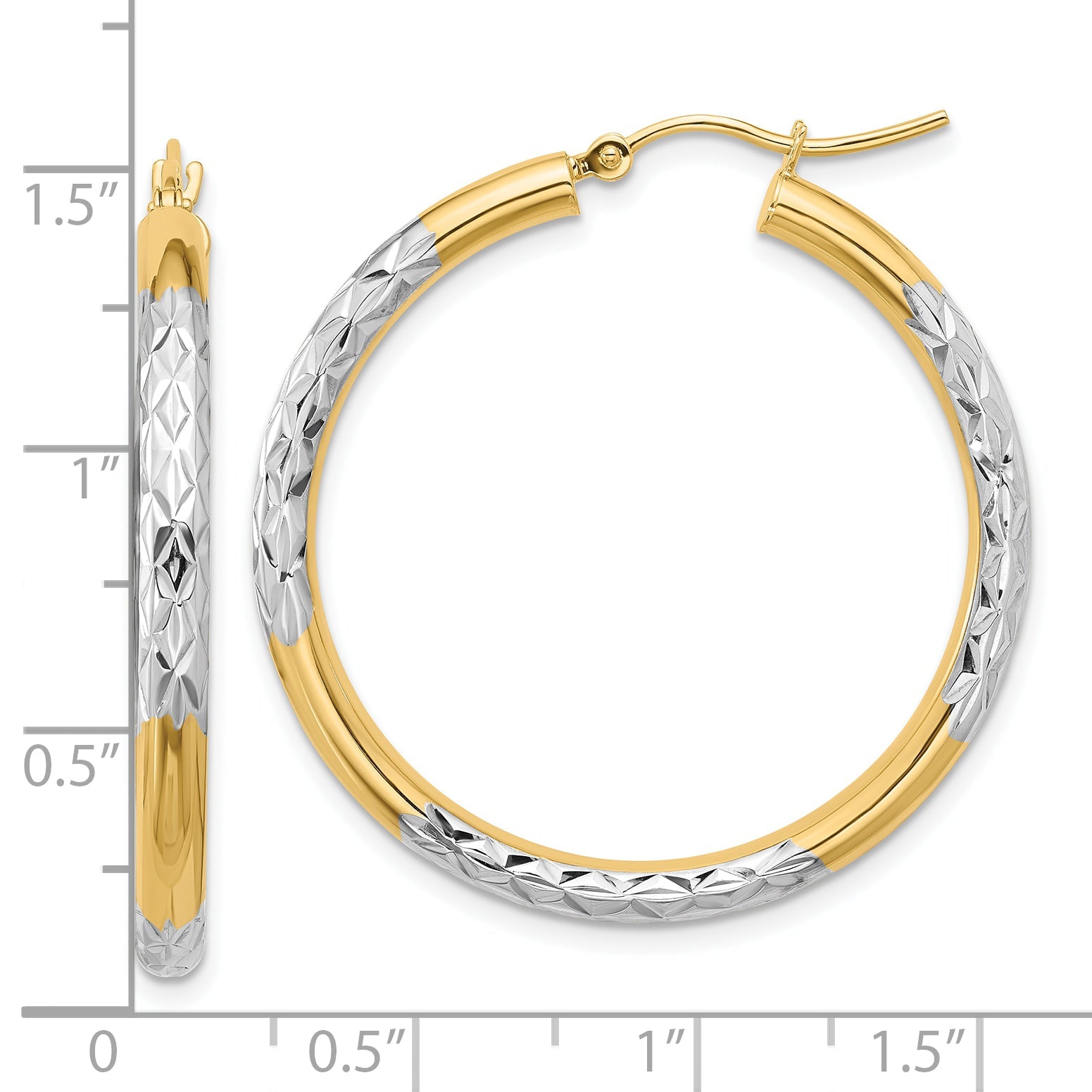 10K Yellow W/Rhodium & Rhodium Diamond Cut 3mm Hoop Earrings