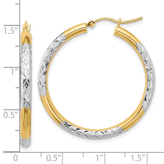10K Yellow W/Rhodium & Rhodium Diamond Cut 3mm Hoop Earrings