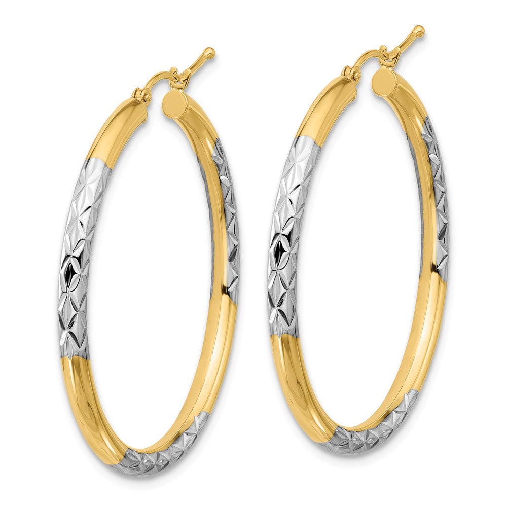 10K Yellow W/Rhodium & Rhodium Diamond Cut 3mm Hoop Earrings