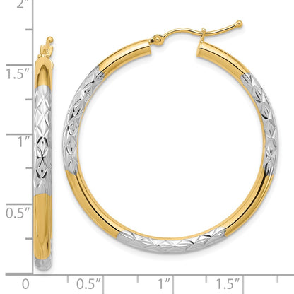 10K Yellow W/Rhodium & Rhodium Diamond Cut 3mm Hoop Earrings