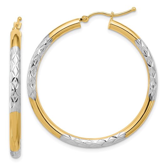 10K Yellow W/Rhodium & Rhodium Diamond Cut 3mm Hoop Earrings