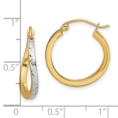 10K Yellow W/Rhodium & Rhodium Diamond Cut Textured Wavy Hoop Earrings