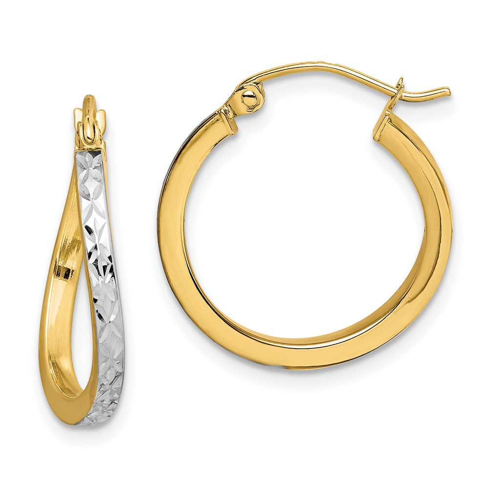 10K Yellow W/Rhodium & Rhodium Diamond Cut Textured Wavy Hoop Earrings