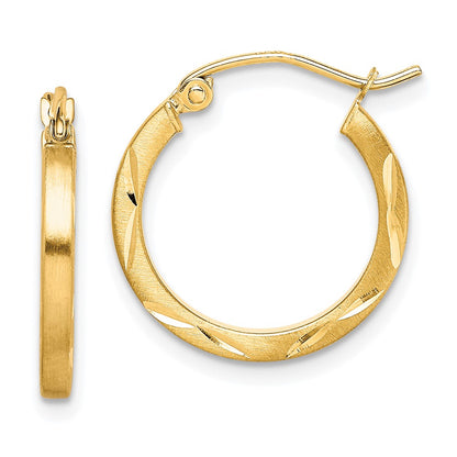 10K Yellow Gold Satin Diamond Cut 2X20mm Hoop Earrings