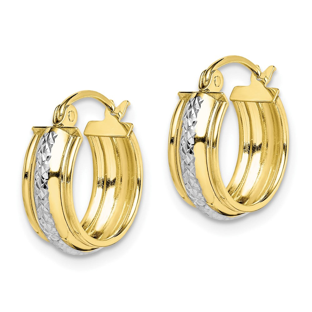 10K Yellow W/Rhodium & Rhodium Diamond Cut Small Hoop Earrings
