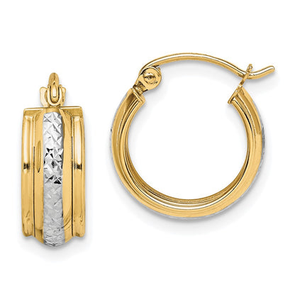 10K Yellow W/Rhodium & Rhodium Diamond Cut Small Hoop Earrings