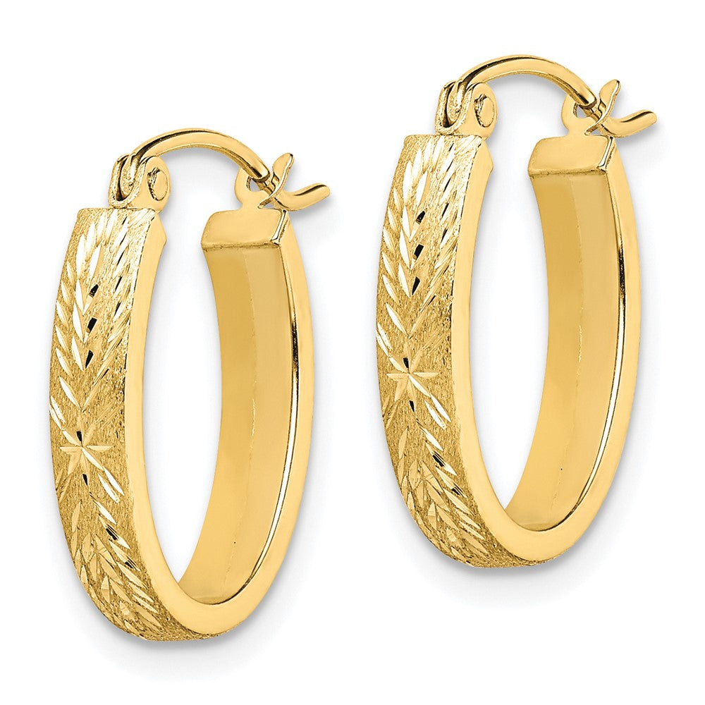 10K Yellow Gold Brushed Diamond Cut Oval Hoop Earrings