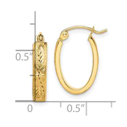 10K Yellow Gold Brushed Diamond Cut Oval Hoop Earrings