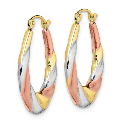 10K Yellow W/Rhodium And Rhodium Oval Scalloped Hollow Hoop Earrings
