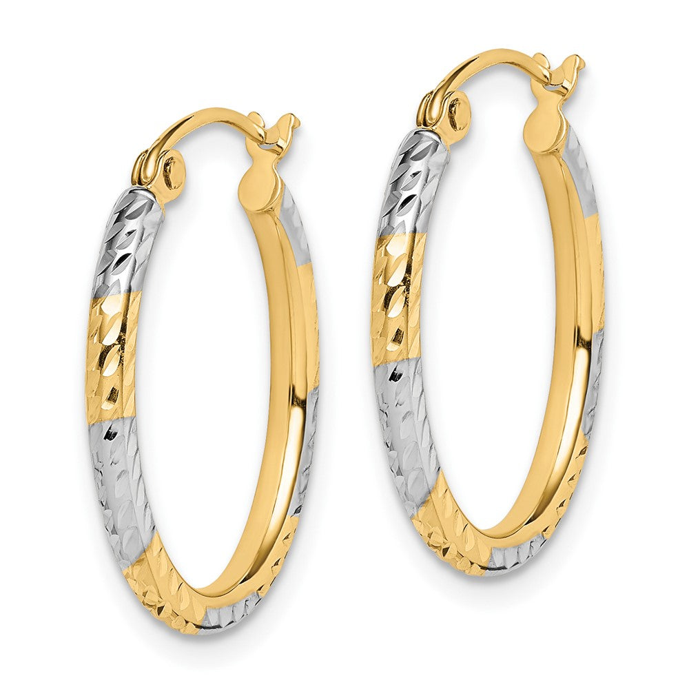 10K Yellow W/Rhodium & Rhodium Diamond Cut Patterned Oval Hoop Earrings