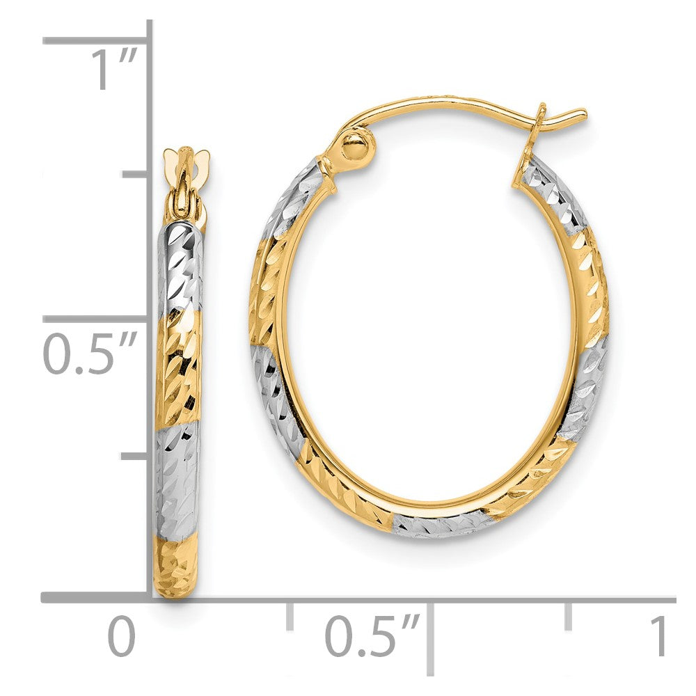 10K Yellow W/Rhodium & Rhodium Diamond Cut Patterned Oval Hoop Earrings