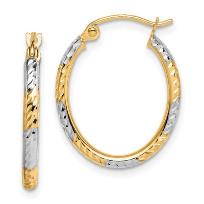 10K Yellow W/Rhodium & Rhodium Diamond Cut Patterned Oval Hoop Earrings