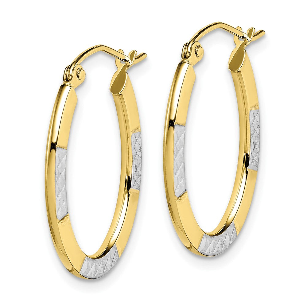 10K Yellow W/Rhodium And Rhodium Diamond Cut Oval Hoop Earrings