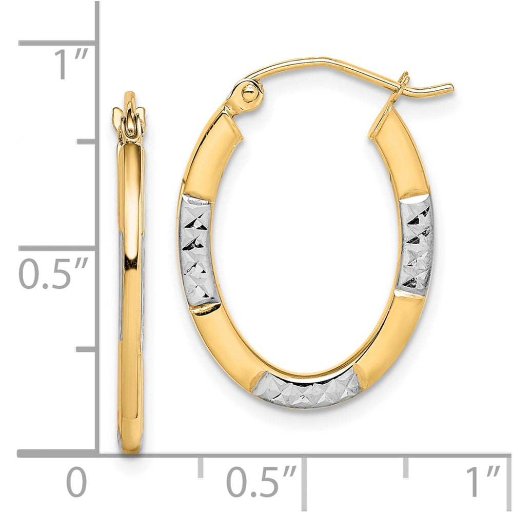 10K Yellow W/Rhodium And Rhodium Diamond Cut Oval Hoop Earrings