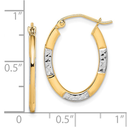 10K Yellow W/Rhodium And Rhodium Diamond Cut Oval Hoop Earrings