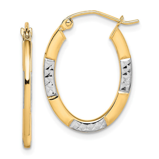 10K Yellow W/Rhodium And Rhodium Diamond Cut Oval Hoop Earrings