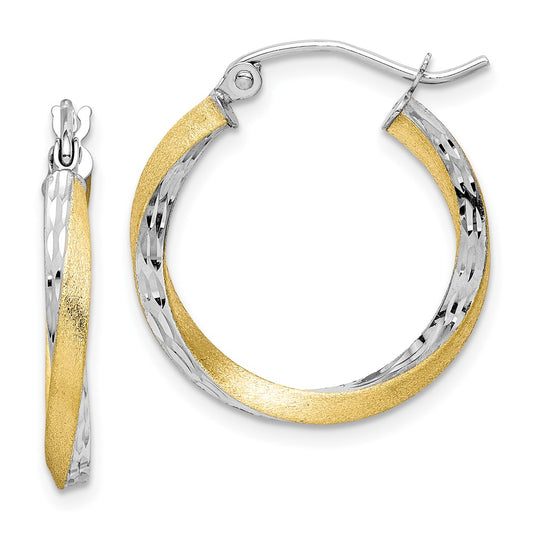 10K Yellow W/Rhodium & Rhodium Diamond-Cut 2.5mm Twisted Hoop Earrings