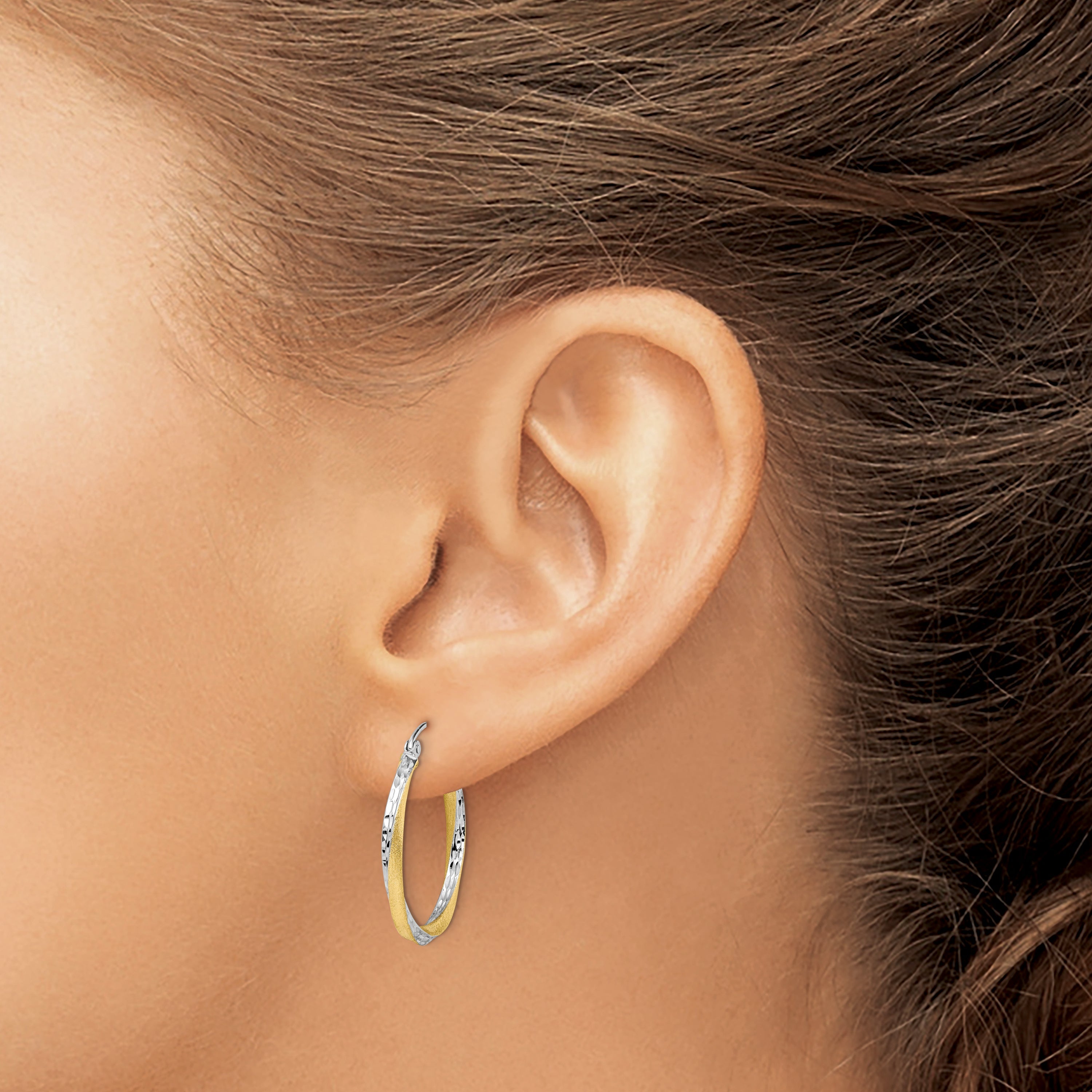 10K Yellow W/Rhodium & Rhodium Diamond-Cut 2.5mm Twisted Hoop Earrings
