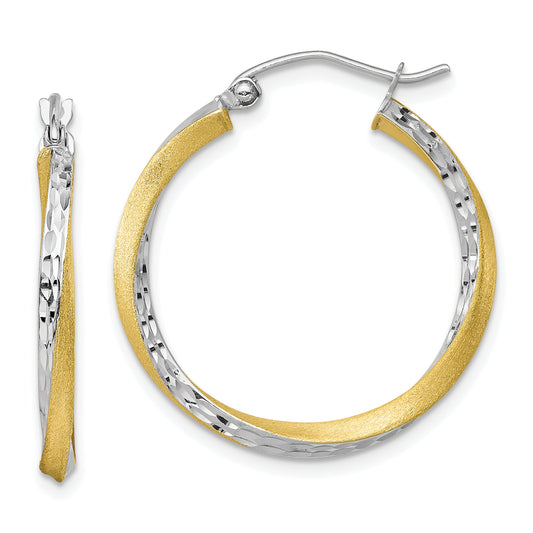 10K Yellow W/Rhodium & Rhodium Diamond-Cut 2.5mm Twisted Hoop Earrings