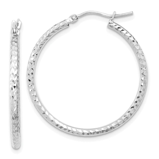 10K White Gold Diamond-Cut 2mm Round Tube Hoop Earrings
