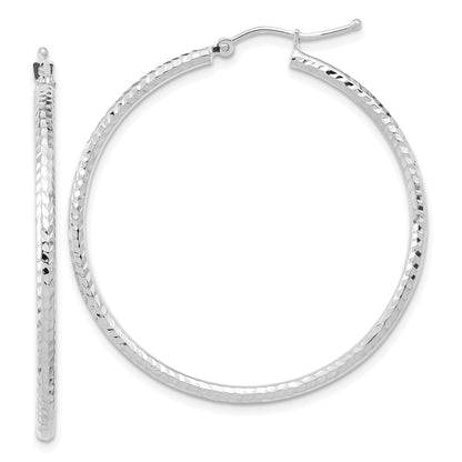 10K White Gold Diamond-Cut 2mm Round Tube Hoop Earrings