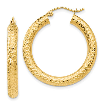 10K Yellow Gold Diamond-Cut 4mm Round Hoop Earrings