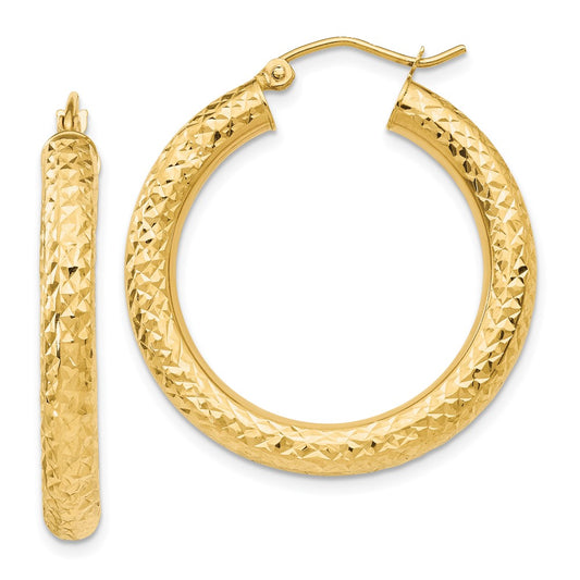 10K Yellow Gold Diamond-Cut 4mm Round Hoop Earrings