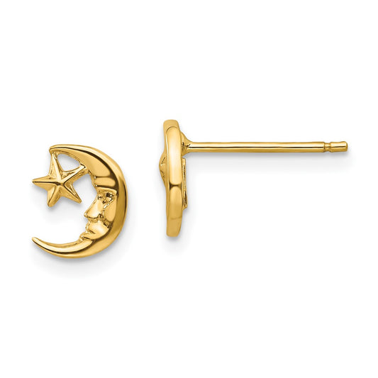 10K Yellow Gold Moon And Star Post Earrings