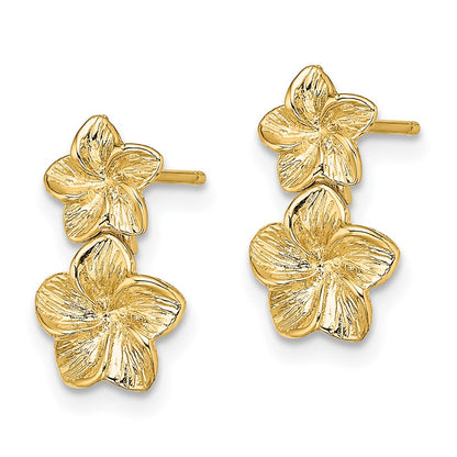 10K Yellow Gold Double Plumeria Flower Post Dangle Earrings