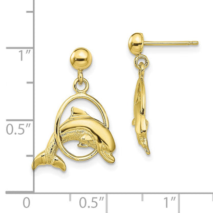 10K Yellow Gold 10K Polished Dolphin Jumping Through Hoop Earrings