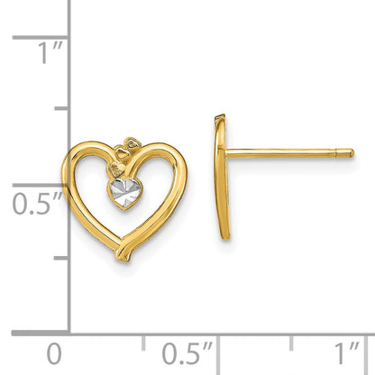 10K Yellow W/Rhodium W/ Rhodium D/C Heart Post Earrings