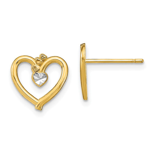 10K Yellow W/Rhodium W/ Rhodium D/C Heart Post Earrings