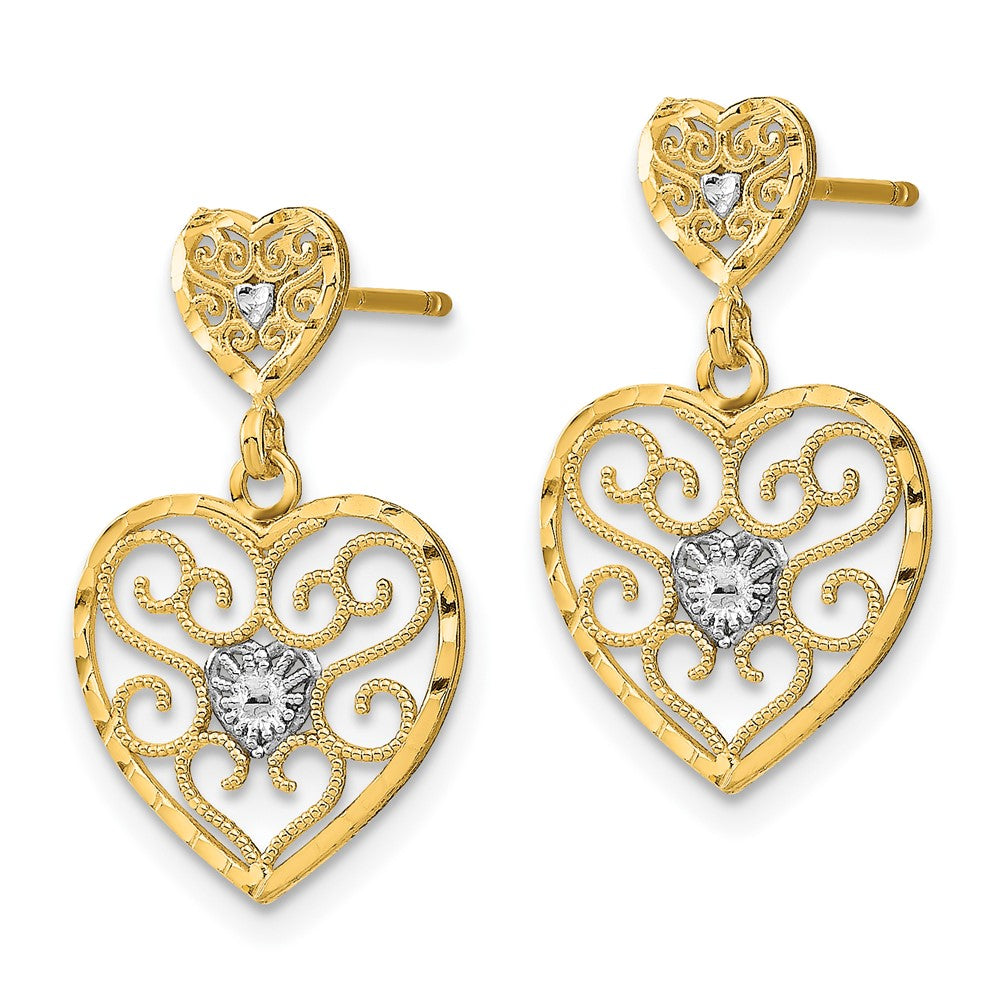 10K Yellow W/Rhodium W/ Rh Heart Beaded Filigree Dangle Earrings