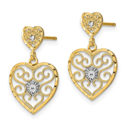 10K Yellow W/Rhodium W/ Rh Heart Beaded Filigree Dangle Earrings