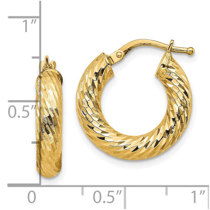 10K Yellow Gold 4X10mm Diamond-Cut Round Hoop Earrings