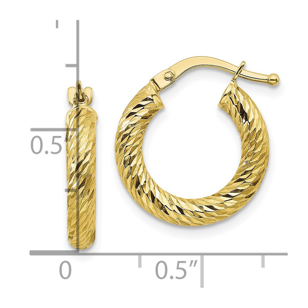 10K Yellow Gold 3X10 Diamond-Cut Round Hoop Earrings