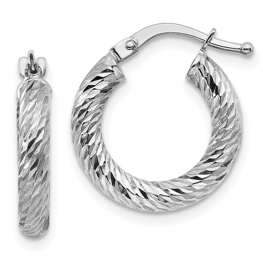 10K White Gold 3X10 Diamond-Cut Round Hoop Earrings