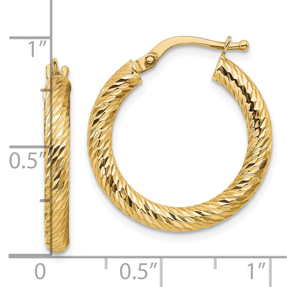 10K Yellow Gold 3X15 Diamond-Cut Round Hoop Earrings