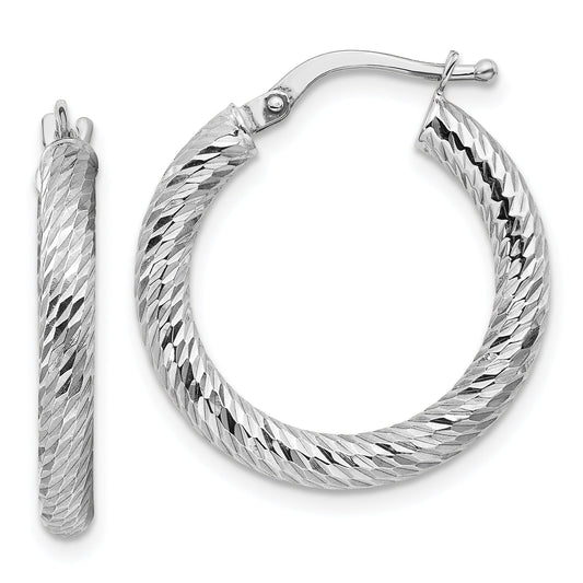 10K White Gold 3X15 Diamond-Cut Round Hoop Earrings