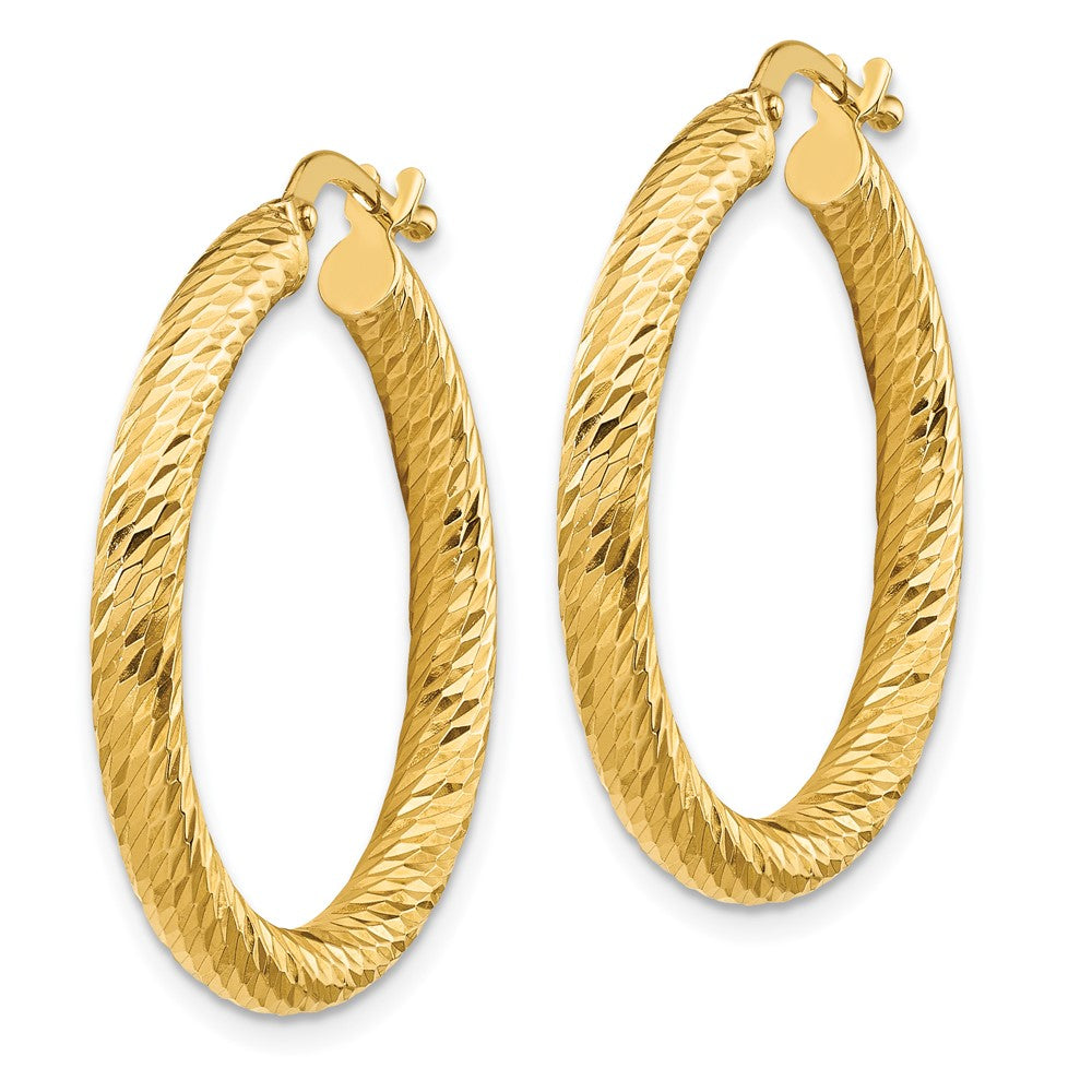 10K Yellow Gold 3X20 Diamond-Cut Round Hoop Earrings
