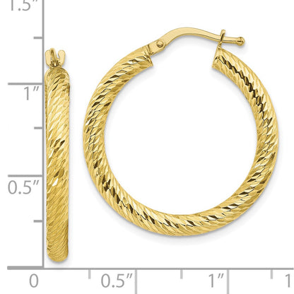 10K Yellow Gold 3X20 Diamond-Cut Round Hoop Earrings