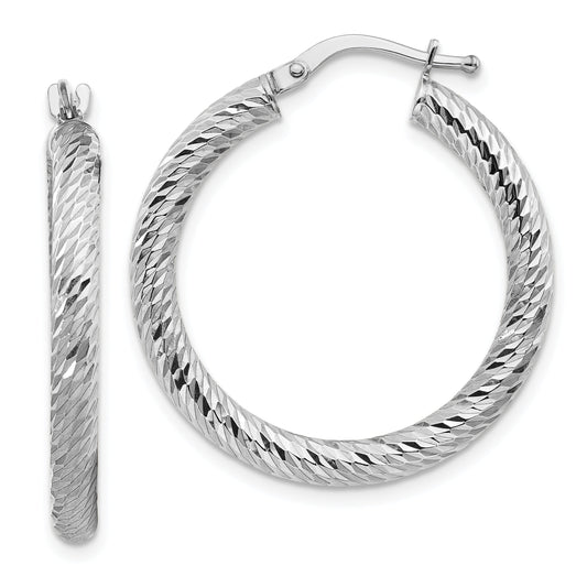 10K White Gold 3X20 Diamond-Cut Round Hoop Earrings