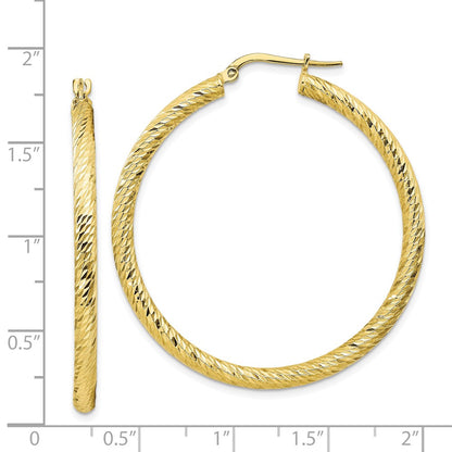 10K Yellow Gold 3X35 Diamond-Cut Round Hoop Earrings
